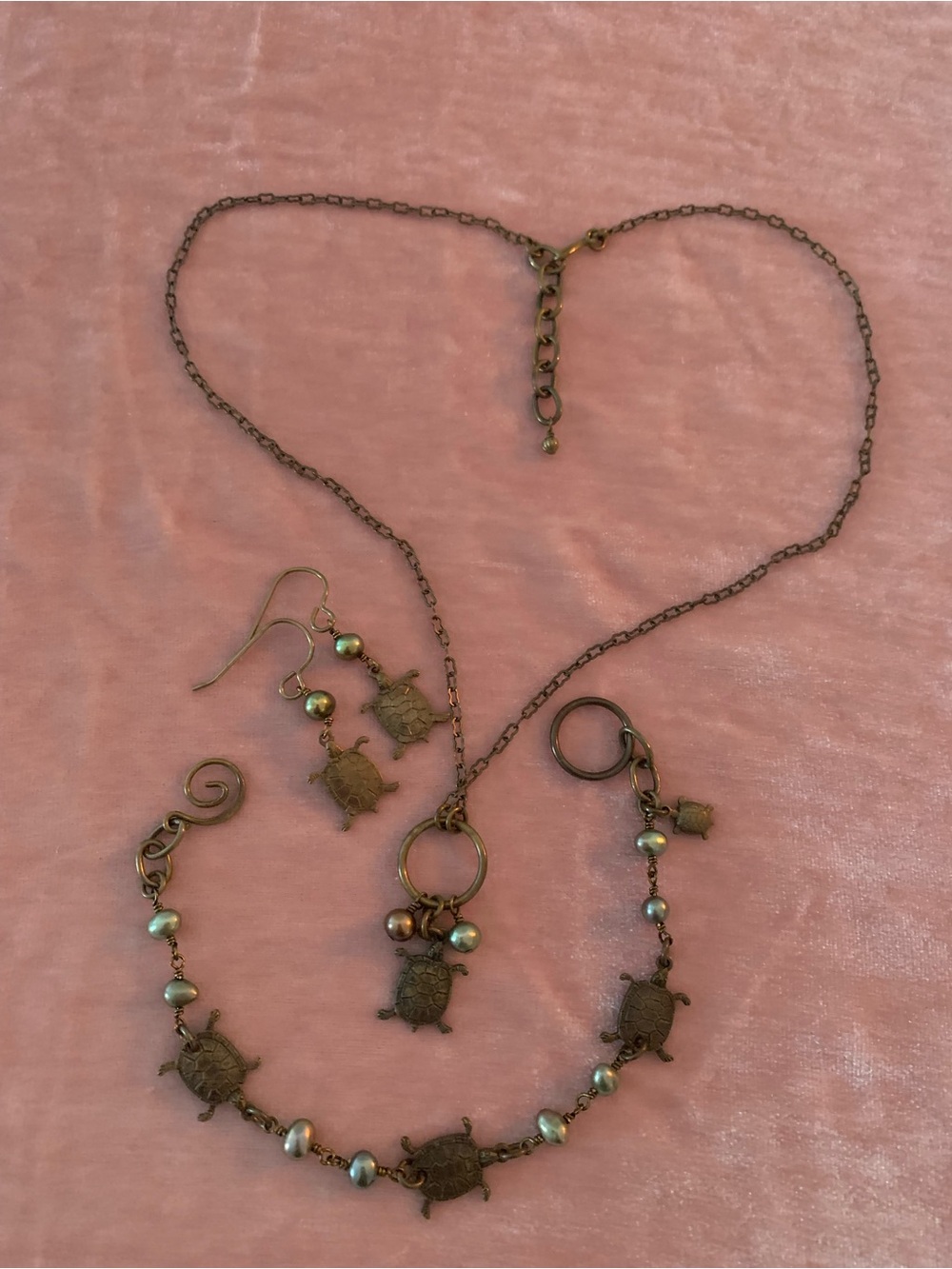 Bronze Turtle Charm Necklace, Bracelet & Earring Set - Antique Bronze